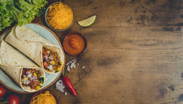Copy Space image of Taco bar side border with an assortment of ingredients. Top view on a dark wood banner background
