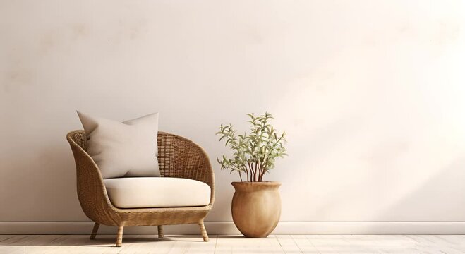 beige wall in the interior of the room with chairs and vases. Natural sunlight from the window