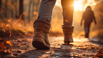 Foto op Aluminium Hikers walking in forest in sunset light. © Hassan