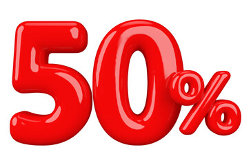 50 percent off sale red 3d number render