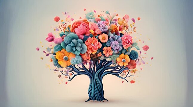 Human brain tree with flower concept, self care concept, positive thinking and creative mind
