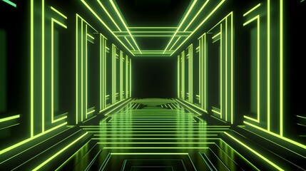 Obraz premium A corridor with black bars and Green and white light behind it, in the style of optical geometry, 8k 3d, strong diagonals, neon lights, minimalist stage designs, zigzags, neon and fluorescent light 
