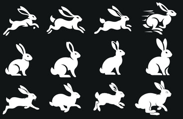 Rabbit silhouettes, vector art collection. Dynamic poses, white bunnies on black background. Perfect for Easter, pet, animal themes. High-quality detailed outlines ideal for print, digital design