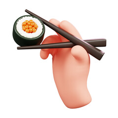 Hand Holding Sushi Roll with Bamboo Chopsticks Isolated. Symbols Icons And Culture Of Japan. 3D Render