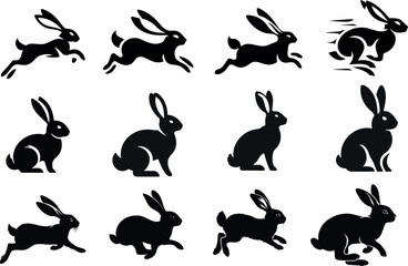 rabbit silhouettes on white background, various poses. Perfect for Easter, pet, animal themes. Editable vector illustration elements. Hopping, sitting, running, alert rabbits. Playful, cute bunnies