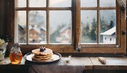Fototapeta na wymiar Copy Space image through windows of Belgian waffles with berries and powdered sugar in a white plate on a dark wooden