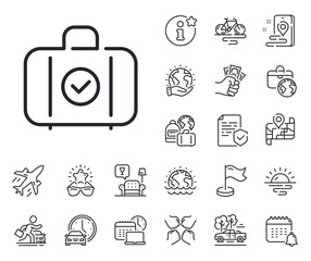 Travel handbag sign. Plane jet, travel map and baggage claim outline icons. Carry-on baggage line icon. Allowed luggage bag symbol. Carry-on baggage line sign. Car rental, taxi transport icon. Vector