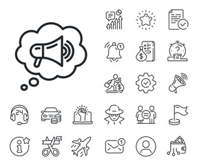 Advertisement device symbol. Salaryman, gender equality and alert bell outline icons. Megaphone line icon. Brand ambassador speech bubble sign. Megaphone line sign. Vector