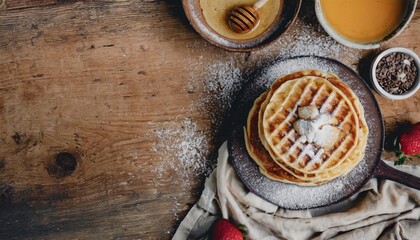Copy Space image of Freshly made belgian waffles with honey flows and powdered sugar.
