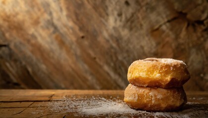Copy Space image of Donuts with powdered sugar on wooden table on black background - obrazy, fototapety, plakaty