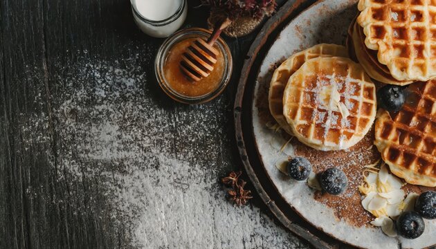 Copy Space image of Belgian waffles with berries on slate plate on dark wooden background.
