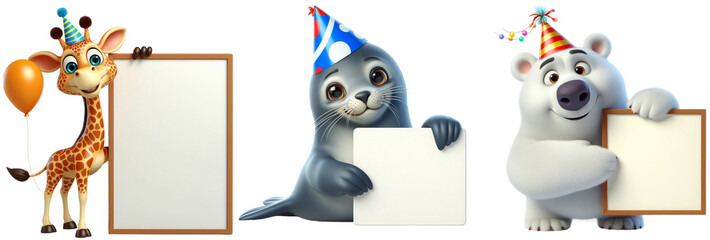 Cutout Set of 3 Cute 3D Animals (Giraffe, Seal, and Polar Bear) Holding Blank Board for Festive Birthday, New Year, and Party - Isolated on Transparent PNG Background