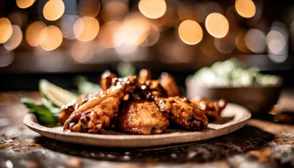 Outdoor kussens Copy Space image of Grilled chicken wings with sauces on a wooden board. Traditional baked bbq buffalo wing on bokeh background. © ImagineWorld