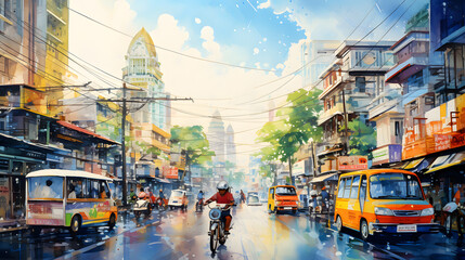 Captivating Watercolor of Bangkok, Thailand. Exploring Vibrant Urban Life in Southeast Asia's Metropolitan Hub, Artistic Rendering of City Street, Cultural Diversity and Energetic Cityscape.