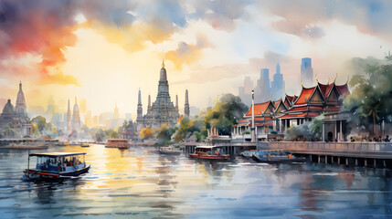 Fototapeta premium Captivating Watercolor of Bangkok, Thailand. Exploring Vibrant Urban Life in Southeast Asia's Metropolitan Hub, Artistic Rendering of City Street, Cultural Diversity and Energetic Cityscape.