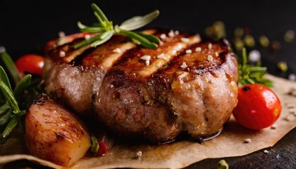 Copy Space image with close up of barbecue ribs on cutting board over wooden table.