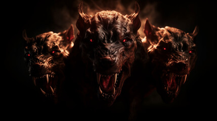 Fictional mythical evil rabid creature cerberus demon with three heads barking - obrazy, fototapety, plakaty