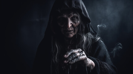 Fictional mythical evil old creature black annis witch with black coat