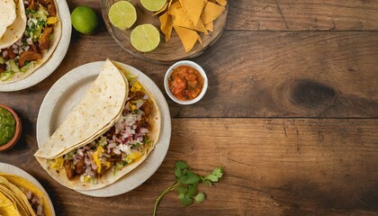 Copy Space image of Taco bar side border with an assortment of ingredients. Top view on a dark wood banner background