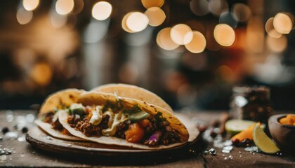 Mexican fiesta dinner, chicken tortillas stuffed with yellow, red and green sweet pepper with bokeh background.