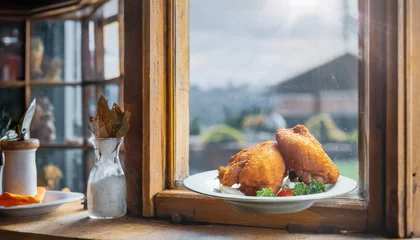 Zelfklevend Fotobehang Copy Space image through the window of Fried Breaded chicken tender strips © ImagineWorld