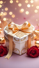 Elegant heart-shaped present gift box and roses with satin ribbon on the table. Shining bokeh background. Greeting card for celebration, birthday, women, mother, Valentine's Day