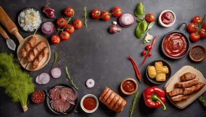 Fototapeta na wymiar Barbecue menu. Grilled meat and vegetables on rustic wooden table