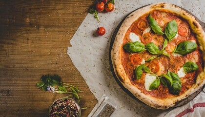 Copy Space image of Pizza Margherita on wooden background, Pizza Margarita with Tomatoes,