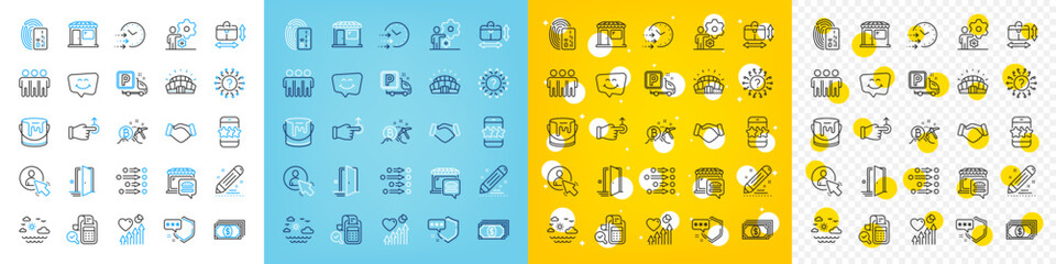 Vector icons set of Paint, Bitcoin mining and Sports stadium line icons pack for web with Market, Bill accounting, Brand contract outline icon. Food market, Star, Heart beat pictogram. Vector