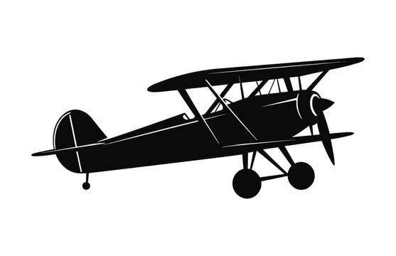 A Biplane Silhouette Vector Isolated On A White Background, Old Biplane Black Clipart