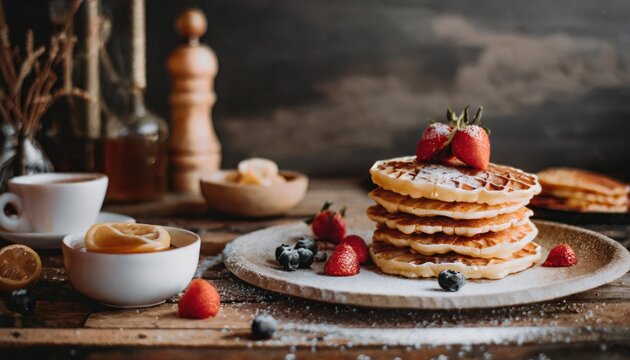 Copy Space image of Belgian waffles with berries on slate plate on dark wooden background.