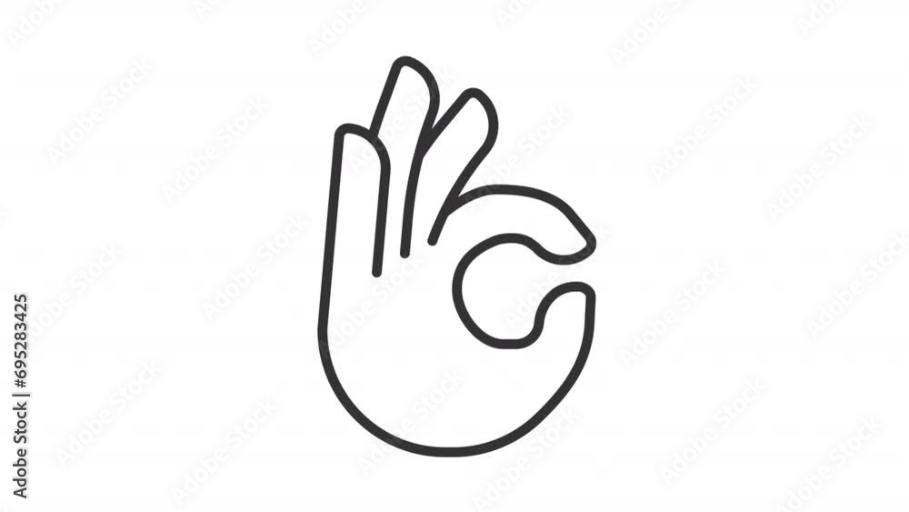 Poster 2d black simple thin line animation of ok gesture icon, hd video with transparent background, seamle