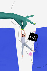 Vertical collage picture of big drawing green arm fingers hold impressed mini girl hang above abyss...