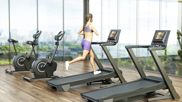 Woman running on treadmill. Exercise bikes and treadmills in sports center. 3D illustration