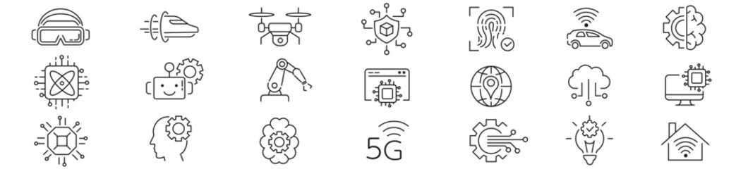 Technology, Biometric, Robot, Hyper loop, Cloud computing, AI, 5g, Lan, editable icon collection vector
