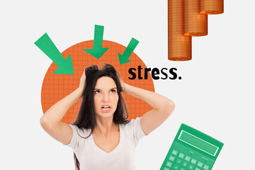 Collage banner illustration picture young worker lady confused hold head panic stressed bad...