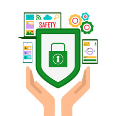 Security system concept. Shield with lock and electronic personal devices