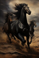 Black horses galloping in the desert, 3d digitally rendered illustration, concept of freedom