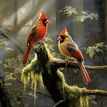 A crisp autumn morning reveals a striking image of a pair of cardinals perched on a gracefully arching tree branch.
