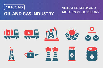 Oil and Gas Industry Glyph Two Color Icons Set - obrazy, fototapety, plakaty