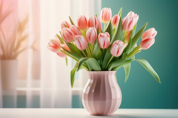 A bouquet of pink tulips in a vase against the background of a window. Holiday March 8, Valentine's Day