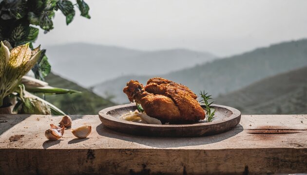 Copy Space image of Fried and Crispy Chicken Gizzards on a Rustic Wooden Table with landscape view background.