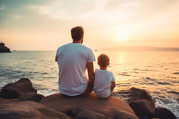 Young father with his son wearing white t-shirt sitting on shore of sea or ocean. Rear view. Mock up template for t-shirt design print