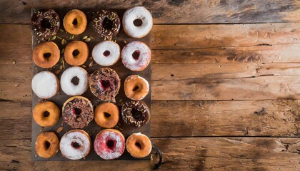 Fototapeta premium Copy Space image of Variety of donuts over a rustic background shot from overhead