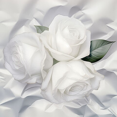 White roses on crumpled paper background, top view, copy space.