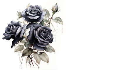 Black roses isolated on white background. Hand drawn watercolor illustration. Banner.