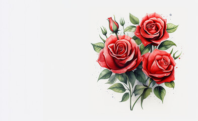 Red roses with green leaves on a white background. Digital illustration.