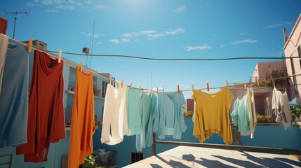 Clothes are dried on the clothesline in the rooftop in the sun with blue sky.