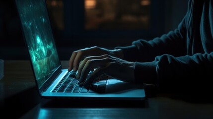 Hand of a man using laptop computer for hacking or steal data at night in office. Hacking concept - obrazy, fototapety, plakaty