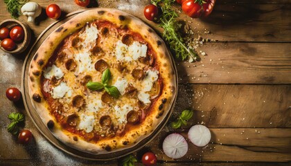 Copy Space image of Pizza Margherita on wooden background, Pizza Margarita with Tomatoes,